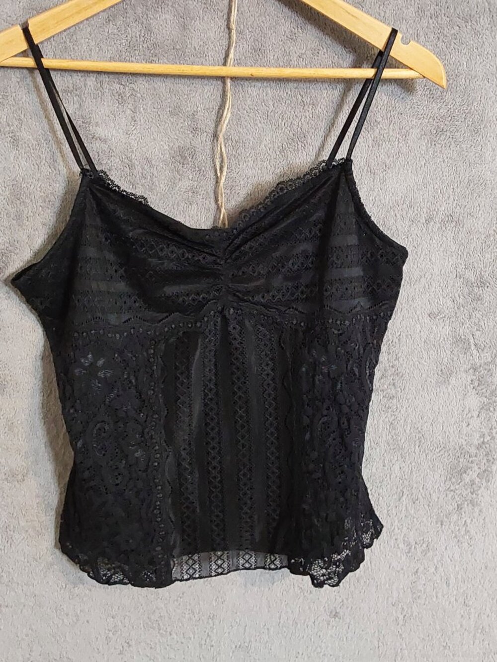 Bisou Bisou Black Lace Cami Top L Spaghetti Strap Y2K Boho Romantic